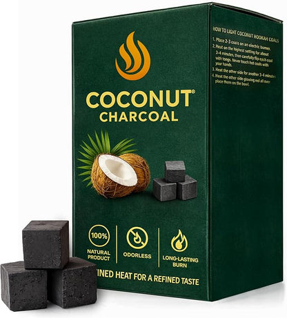 100% Natural Coconut Charcoal Coals 72 pcs, 25mm Cubes Made from Natural Coconut Shells, 2.2 lbs (1kg) Long-Lasting Hookah Charcoal, Low Ash Charcoal