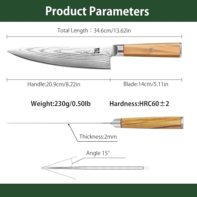 Razor-Sharp 8-Inch Chef's Knife with Olive Wood Handle, 15 Degree Edge VG10 High Carbon Steel Professional Japanese-Style Damascus Knife Gift Box for Family &Restaurant