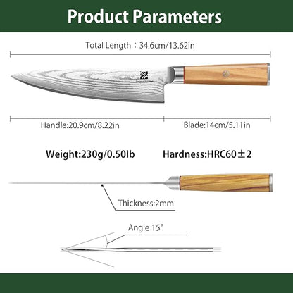 Razor-Sharp 8-Inch Chef's Knife with Olive Wood Handle, 15 Degree Edge VG10 High Carbon Steel Professional Japanese-Style Damascus Knife Gift Box for Family &Restaurant