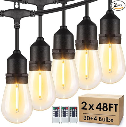 Larkvue 96FT(2 * 48FT) Outdoor String Lights with Remote, Dimmable Patio Lights with 30+4 Bulbs 3 Modes 4 Level Timers for Balcony Porch, Black 2 Pack