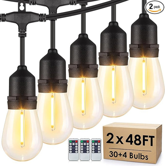 Larkvue 96FT(2 * 48FT) Outdoor String Lights with Remote, Dimmable Patio Lights with 30+4 Bulbs 3 Modes 4 Level Timers for Balcony Porch, Black 2 Pack