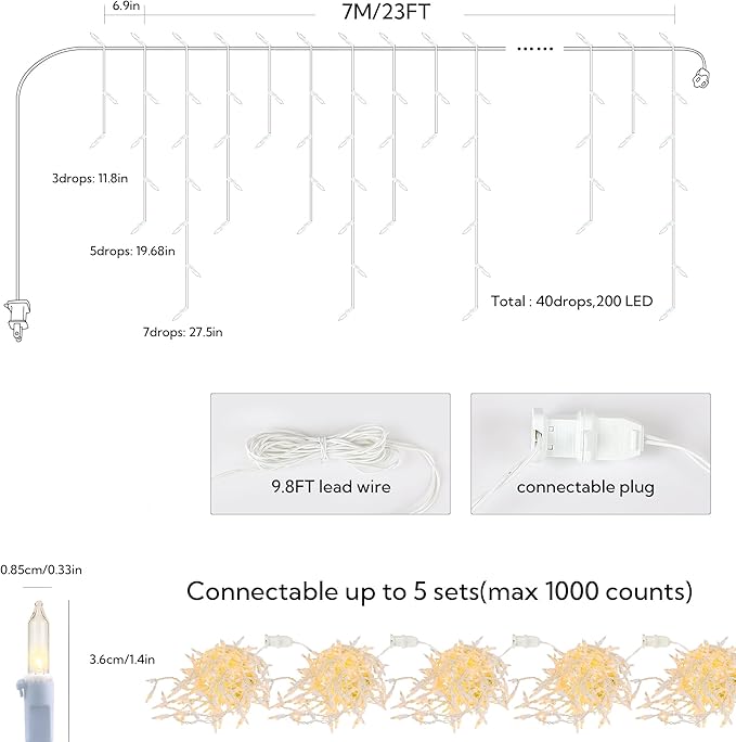 200 Christmas Icicle Lights, Warm White Clear Bulbs with 23FT Long White Wire, Professional Grade String Lights for Indoor & Outdoor,Xmas,Party, Patio, Courtyard, Window, Fence, Trees Decor