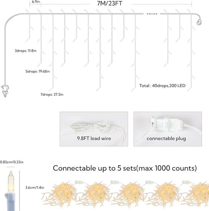 200 Christmas Icicle Lights, Warm White Clear Bulbs with 23FT Long White Wire, Professional Grade String Lights for Indoor & Outdoor,Xmas,Party, Patio, Courtyard, Window, Fence, Trees Decor