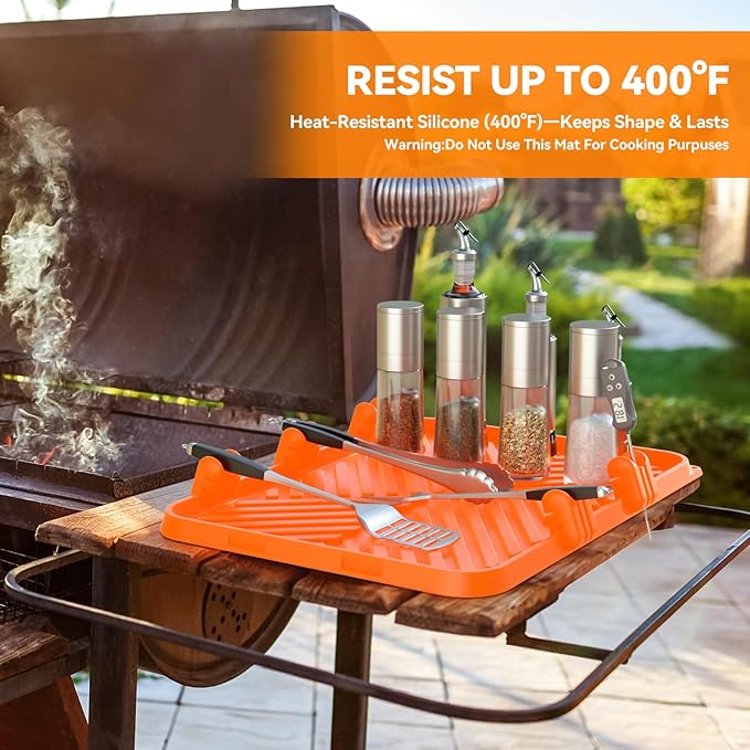Silicone Griddle Tool Mat Blackstone Griddle Mat for Side Shelf Silicone Utensil Rest with Drip Pad, 5 Removable Grill Spatula Holders & Thermometer Slots, Flat Top Grill Accessories Orange 12x16 Inch