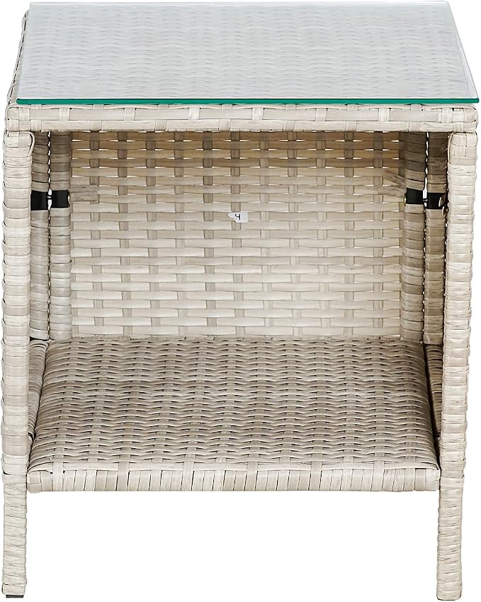 Outdoor Wicker Conversation 3 Piece Bistro Set Garden Patio Yard Porch Furniture Space Saving Pe Rattan 2 Chairs Cushions Side Storage Glass Table Stone Gray/Navy Blue 3pc