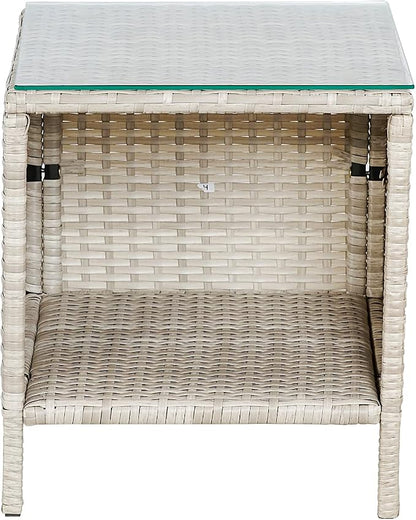 Outdoor Wicker Conversation 3 Piece Bistro Set Garden Patio Yard Porch Furniture Space Saving Pe Rattan 2 Chairs Cushions Side Storage Glass Table Stone Gray/Navy Blue 3pc