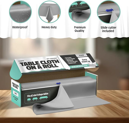 Tablecloth Roll – 54" X 110' Silver Premium Plastic Table Cloths with Cutter Box - Cut to Size - Decorative Rectangle Table Cover Smooth Tablecloth - Disposable Table Cloths for Parties, Weddings.