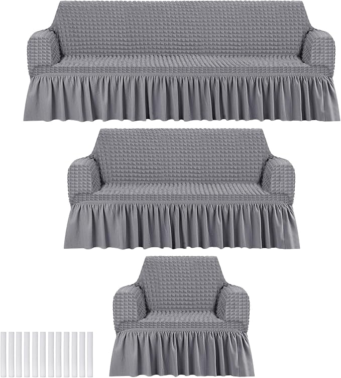 Fanfanwin 3 Pcs Sofa Slipcover Set for Couch Cushion Durable Washable High Elastic Stretchable Furniture Couch Covers with Skirt for Sofa Loveseat Arm Chair(Light Gray,Seersucker)