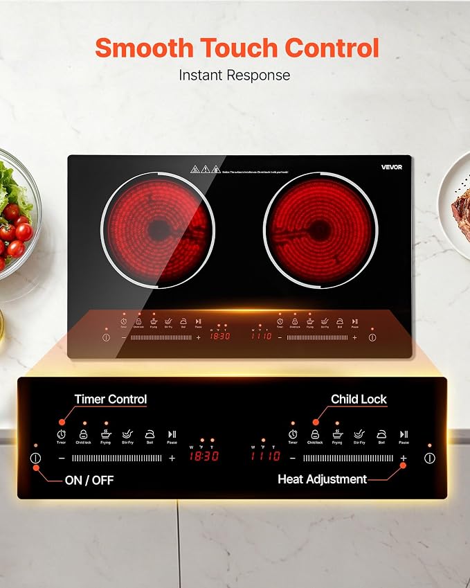 VEVOR Electric Cooktop 24inch 2 Burners Portable Stove Top 1800W 120V, Ceramic Countertop/Built-in Radiant Electric Stove, with 9 Power Levels, Timer, Child Lock, Over-Heat Guard, Touch Control