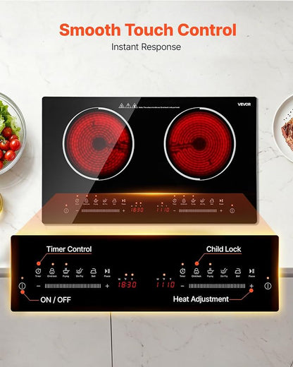 VEVOR Electric Cooktop 24inch 2 Burners Portable Stove Top 1800W 120V, Ceramic Countertop/Built-in Radiant Electric Stove, with 9 Power Levels, Timer, Child Lock, Over-Heat Guard, Touch Control