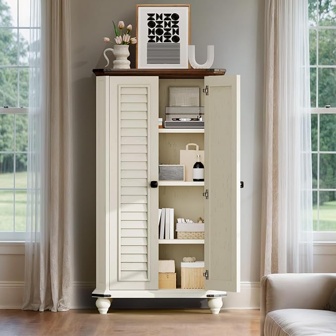 DWVO 45.2" Farmhouse Kitchen Pantry Cabinet wth 2 Shutters-Doors, White | 4-Tier Storage Cabinet, Adjustable Shelves, Wooden Tool Cabinet for Dining Room, Bathroom, Living Room, Laundry Room, Office