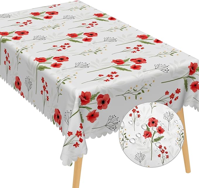 Red Poppy Rectangle Tablecloths Spring Flowers Botanical Tablecloth Polyester for Party Dinner Decorative Table Cloth Dust-Proof Table Cover for Home Restaurant Picnic Camping BBQ 60x102 Inch