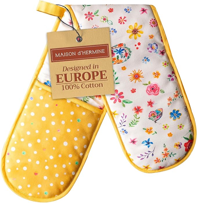 Maison d' Hermine Double Oven Mitts 100% Cotton 7"x35" Double Oven Mitt Heat Resistant BBQ Cooking Gloves with Loop Baking Grilling Kitchen Hotel Home Farmhouse Spring Summer (Happy Florals - Sweety)
