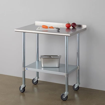 Stainless Steel Table for Prep & Work with Caster & Backsplash 24x36 Inches, NSF Metal Commercial Kitchen Heavy Duty Table with Adjustable Under Shelf and Table Foot for Restaurant, Home and Hotel