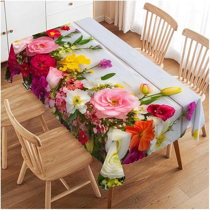 Swono Flowers Frame Tablecloths Colorful Peony Rose Flowers On Wooden Kitchen Dinning Tabletop Decoration, Polyester Table Cover for Indoor Outdoor 50x72 Inch Tablecloth