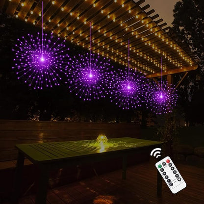 PXBNIUYA 2 Pack Starburst Sphere Lights,200 LLED Firework Lights, 8 Modes Dimmable Remote Control Waterproof Hanging Fairy Light, Copper Wire Light for Patio Parties Christmas (Purple)