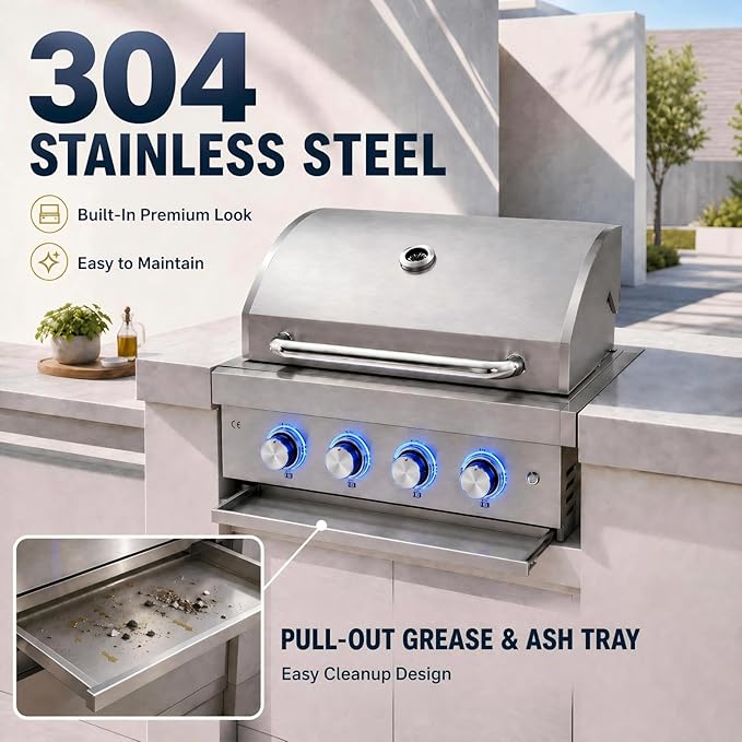 4 Burner Built in Gas Barbecue Grills & Tri-Fuel, 28in Drop-in Propane & Natural Gas Grill Combo with Rear Burner, 48,400 BTUs Stainless Steel Charcoal BBQ Grill for Outdoor Kitchen Island Patio
