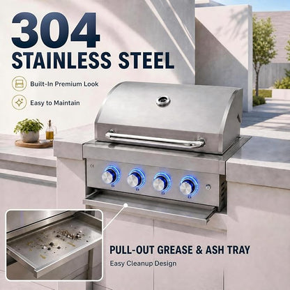 4 Burner Built in Gas Barbecue Grills & Tri-Fuel, 28in Drop-in Propane & Natural Gas Grill Combo with Rear Burner, 48,400 BTUs Stainless Steel Charcoal BBQ Grill for Outdoor Kitchen Island Patio