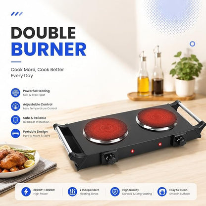 2000W Portable Electric Double Burner Hot Plate, Countertop Coil Heating Stove with 5 Temperature Control & Carry Handles for Home Kitchen RV Camping Use (black)