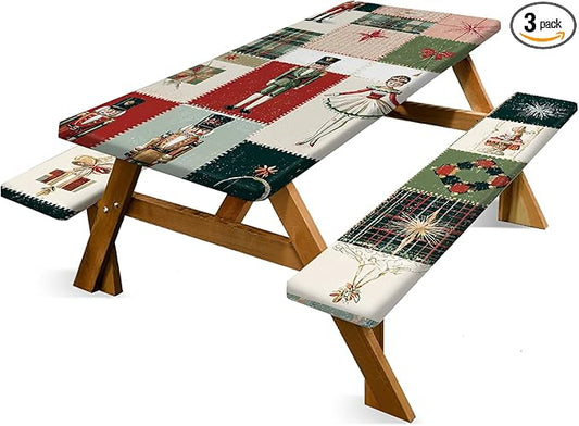 Christmas Picnic Table Cover with Bench Covers Set, Elastic Fitted Tablecloth for Outdoor Picnic Tables, Nutcracker and Patchwork Holiday Design, Durable Vinyl Cover for Camping, BBQs, and