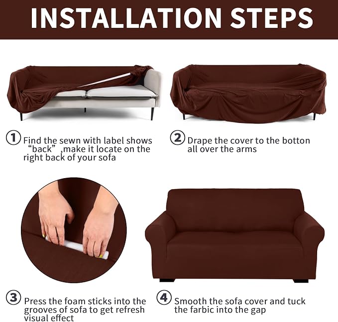 Peryiter 2 Pcs Couch and Loveseat Sofa Covers,Brown,Milk Silk | Armchair Covers for Living Room, Sofa Cushion Slipcover 2/3 Seater, Furniture Protector, Polyester and Spandex, Washable