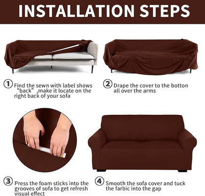 Peryiter 2 Pcs Couch and Loveseat Sofa Covers,Brown,Milk Silk | Armchair Covers for Living Room, Sofa Cushion Slipcover 2/3 Seater, Furniture Protector, Polyester and Spandex, Washable
