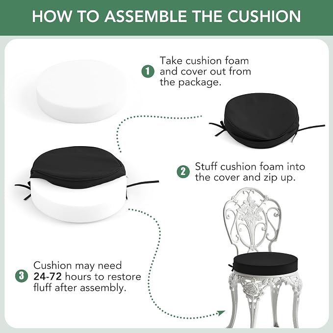 Summsun Outdoor Bistro Chair Cushions Set of 4, 15" D x 3" H Round Chair Cushions Waterproof and Fade Resistant Chair Cushion Pads with Non-Slip Ties and Removable Covers for Garden, Black