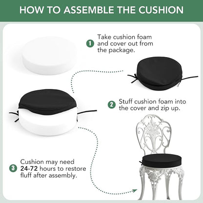 Summsun Outdoor Bistro Chair Cushions Set of 4, 15" D x 3" H Round Chair Cushions Waterproof and Fade Resistant Chair Cushion Pads with Non-Slip Ties and Removable Covers for Garden, Black