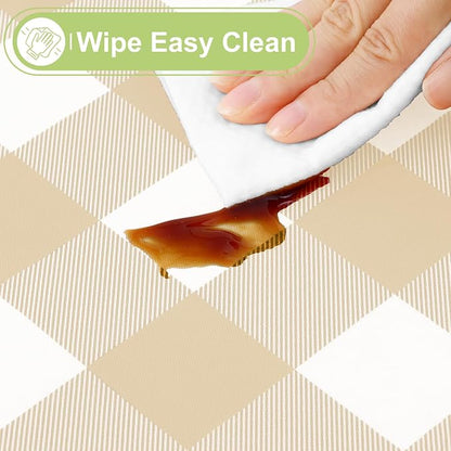 Smiry Picnic Table Cloth, Vinyl Tablecloths with Flannel Backing, 60" Round | Waterproof Picnic Table Cloth, Wipeable Buffalo Plaid Table Cover for Indoor and Outdoor (White & Beige)