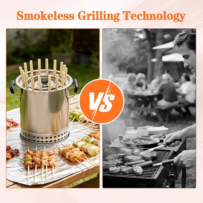 Smokeless Charcoal Hanging Grill, Stainless Steel Mini Kebob Grill with 16 Skewers, Portable Surround Charcoal kebab Grill for Home Party Outdoor Camping