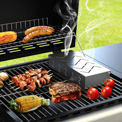 BBQCuker Grill Smoker Box, Stainless Steel Food Safe, Works with Wood Chips Smoked BBQ Flavor, Hinged Lid,Warp Free Grill Accessories (1pcs, 9x4 inches)