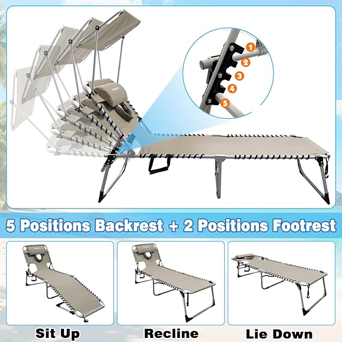 Outdoor Tanning Chair with Sun Canopy Shade & Face Hole, Folding Lounge Chair with Beach Table and Carry Bag for Poolside Sunbathing Lawn