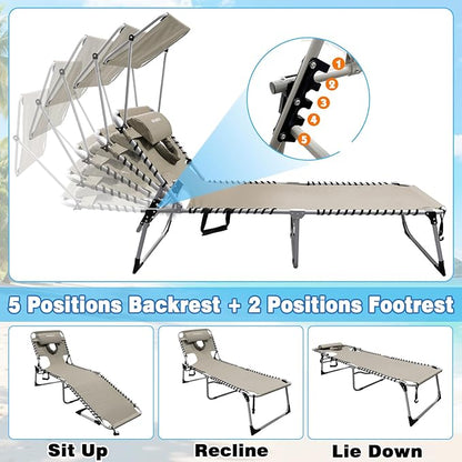 Outdoor Tanning Chair with Sun Canopy Shade & Face Hole, Folding Lounge Chair with Beach Table and Carry Bag for Poolside Sunbathing Lawn