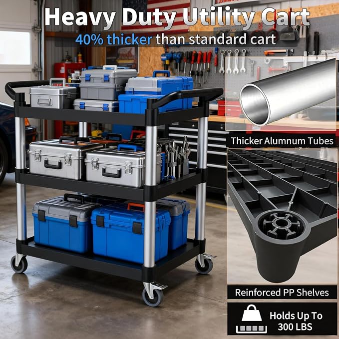 Plastic Utility Carts with Wheels, 3-Tier Rolling Cart, Restaurant Cart | 300 lbs Heavy Duty Capacity with 4 inch Silent Casters(2 Lockable), for Home, Office, Restaurant, Warehouse.31.5"× 16" × 38"