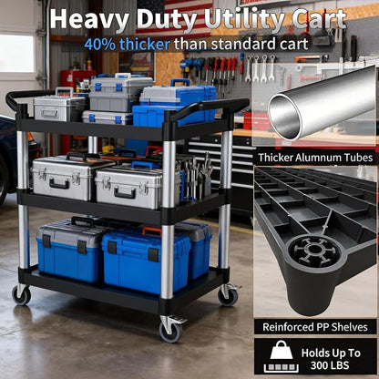 Plastic Utility Carts with Wheels, 3-Tier Rolling Cart, Restaurant Cart | 300 lbs Heavy Duty Capacity with 4 inch Silent Casters(2 Lockable), for Home, Office, Restaurant, Warehouse.31.5"× 16" × 38"