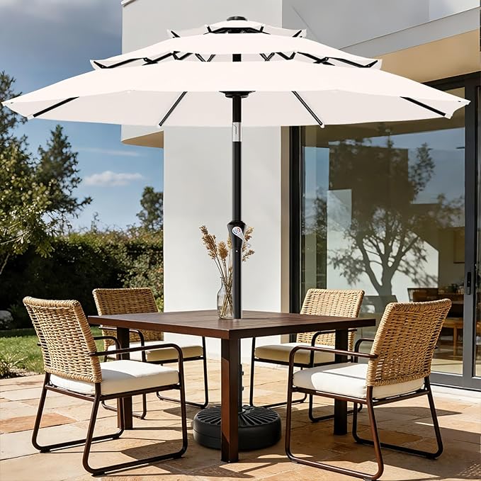 AreShark 9ft 3-Tier Patio Umbrellas, Outdoor Umbrella with 8 Sturdy Ribs UV Protection Windproof, Market Table Umbrella w/Push Button Tilt & Crank for Pool, Porch, Deck, Garden(Cream White)