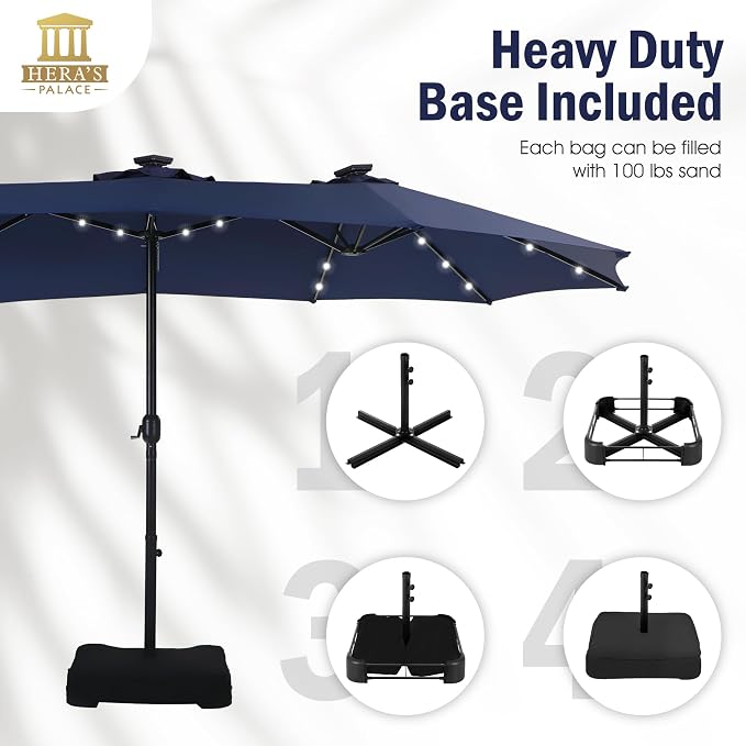 15ft Patio Umbrella with Solar lights & Base, Large Umbrellas, Navy Blue | HERA'S PALACE Rectangle Double Market Umbrella with 36 LED Lights, Big Outdoor Umbrellas for Pool Picnic Inground Yard Deck