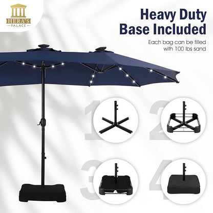 15ft Patio Umbrella with Solar lights & Base, Large Umbrellas, Navy Blue | HERA'S PALACE Rectangle Double Market Umbrella with 36 LED Lights, Big Outdoor Umbrellas for Pool Picnic Inground Yard Deck