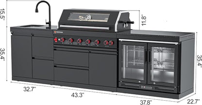 SERA C 6-Burner Propane Outdoor Kitchen Combo Sink & Fridge Black | Black 304 stainless steel, 87,900 BTU + infrared, 115L double fridge, combo sink with drawers, locking caster, patio backyard