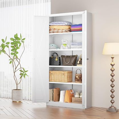 INTERGRAET 63" H Pantry Cabinet, Kitchen Pantry Storage Cabinet with 2 Doors and 4 Adjustable Shelves, White Metal Storage Cupboard for Home, Kitchen, Living Room