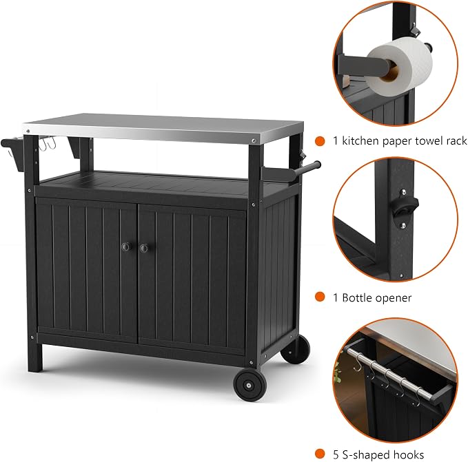 TORVA Portable Outdoor Grill Cart with Storage, Waterproof HDPE BBQ Prep Table for Patio & Backyard, 304 Stainless Steel Top, All-Weather Use, Camping Cart with Wheels, 42.12" L x 20.71" W, Black