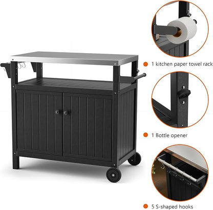 TORVA Portable Outdoor Grill Cart with Storage, Waterproof HDPE BBQ Prep Table for Patio & Backyard, 304 Stainless Steel Top, All-Weather Use, Camping Cart with Wheels, 42.12" L x 20.71" W, Black