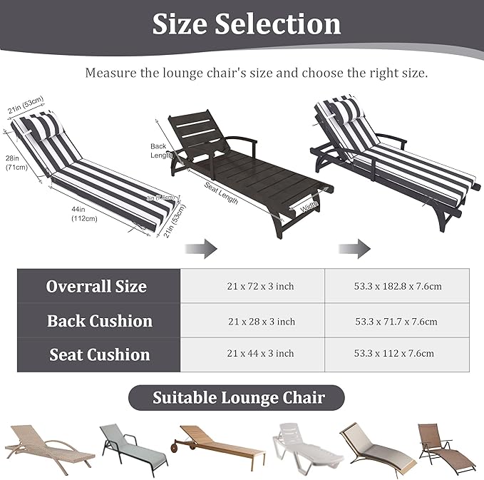 Chaise Lounge Cushions Outdoor Set of 2 Lounge Chair Cushion 72" L x 21" W with Headrest Straps 3'' Thick Waterproof Patio Chaise Cushions Pool Lounger Chair Cushion(Black Stripe)