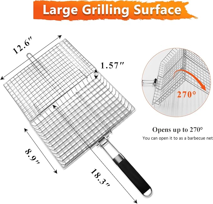Fish Grilling Basket, Stainless Steel Grill Basket with Removable Handle, Portable Folding Grilling Rack for Outdoor Cooking Meat Vegetables Seafood BBQ