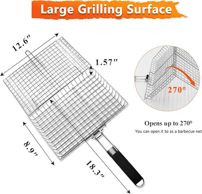 Fish Grilling Basket, Stainless Steel Grill Basket with Removable Handle, Portable Folding Grilling Rack for Outdoor Cooking Meat Vegetables Seafood BBQ