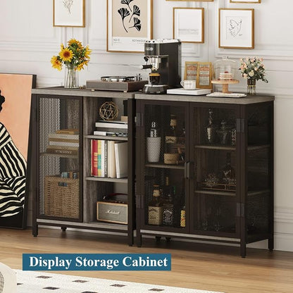 Small Coffee Bar Cabinet with Storage, Farmhouse Liquor Cabinet for Home Coffee Station, Wood Sideboard Buffet with Doors for Kitchen, Dining Room, Living Room, Dark Grey Oak