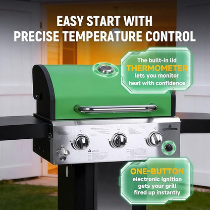 Redlife 3 Burner Propane Gas Grill, 30,000 BTU Outdoor BBQ Grill with Cast Iron Cooking Grates, Stainless Steel Warming Rack, Built-in Thermometer, Side Shelves, Removable Grease Tray, Green