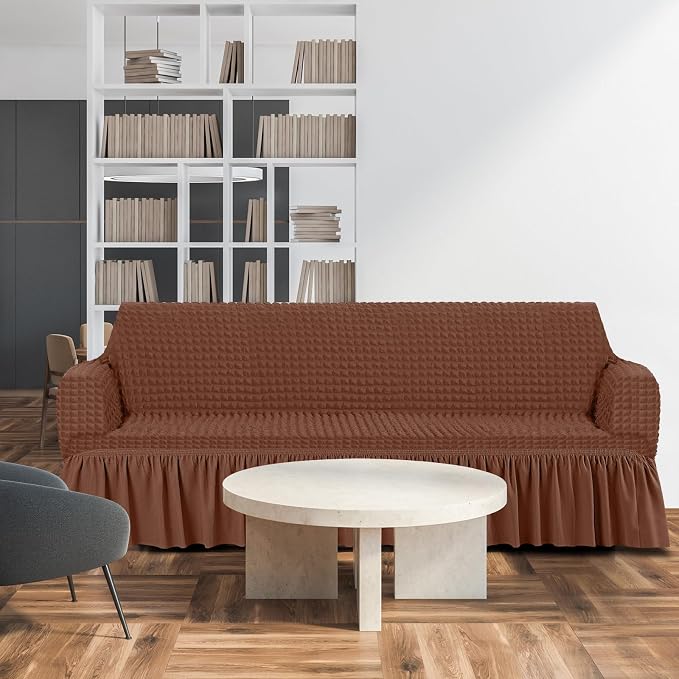 Fanfanwin 3 Pcs Sofa Slipcover Set for Couch Cushion Durable Washable High Elastic Stretchable Furniture Couch Covers with Skirt for Sofa Loveseat Arm Chair(Brown,Seersucker)