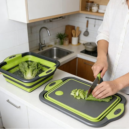 3-in-1 Folding Cutting Boards, Collapsible BBQ Prep Tub with Lid, 9L Container with Strainer, PP+TPR Material Cutting Board, Chopping Board Folds to 1.5Inch Slim for RV, Camping & Small Kitchen