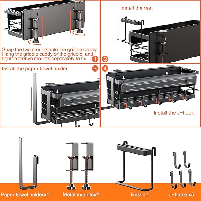 LIVOD Griddle Caddy - Magnetic Tool Holder for Blackstone Grills (17"-36") with Paper Towel Holder & Knife Rack